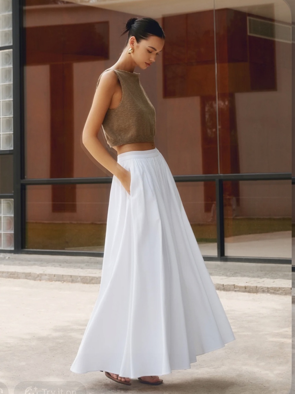 New Commense Cotton Pleated Maxi Skirt With Pockets in White Size Large $49